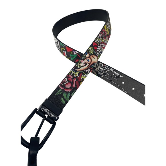 Ed Hardy Reversible Belt Men Finest 38 Tattoo Art Rose Skull Rocker Multi Black - Picture 1 of 7